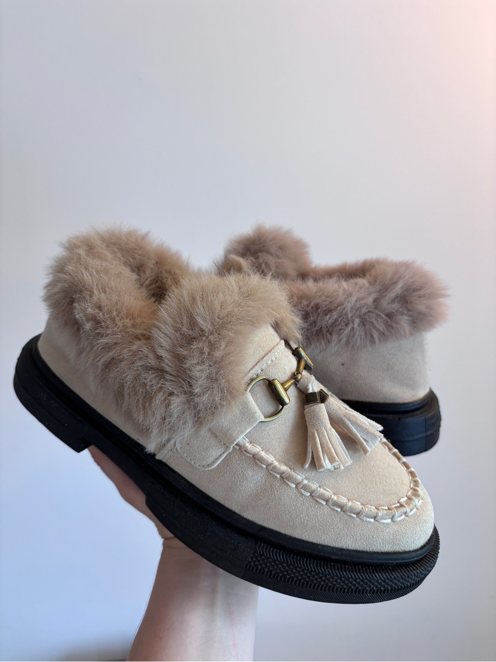 Faux Fur Lined Tassel Loafers in Beige